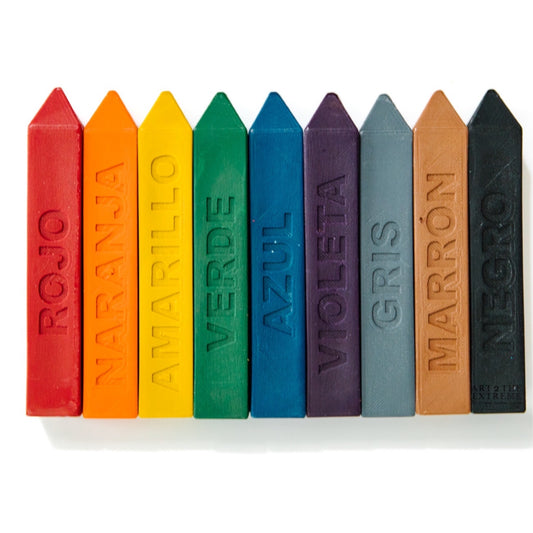 9 Oversized Crayon Stix® on a white background. Each crayon is a solid color and has the name engraved on the crayons with the Spanish colors. Original Rainbow Crayons make learning the colors in Spanish fun! Red, Orange, yellow, green, blue, violet, grey, brown, and black are included in this rainbow crayon set.