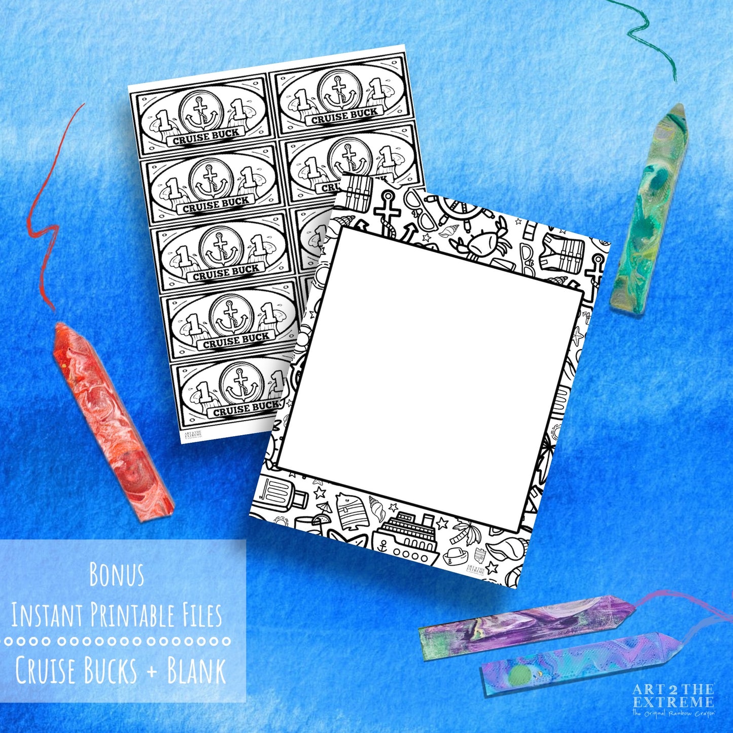 Image of two worksheets on a blue background.  Instant cruise printable activity for kids - Cruise Bucks and a black cruise drawing page.