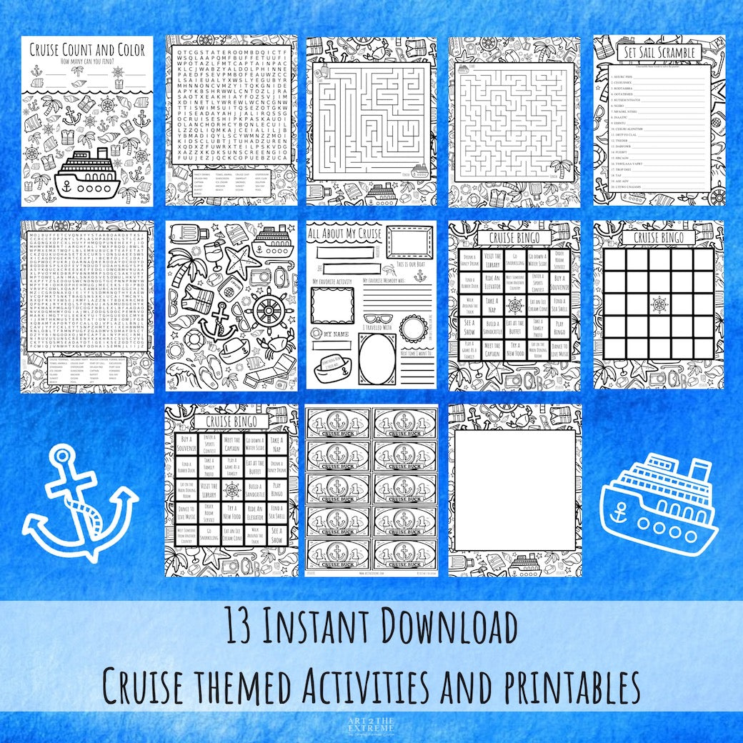 Cruise activities for kids printable bundle. 13 cruise coloring pages and word games for kids.