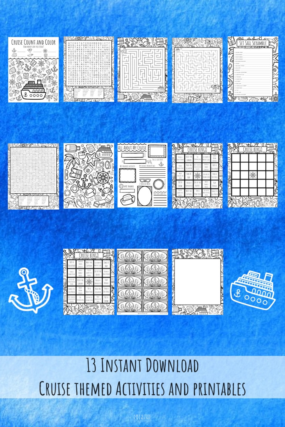 13 printable cruise themed worksheets and coloring sheets on a blue background. Printable cruise activities for kids to keep them entertained.