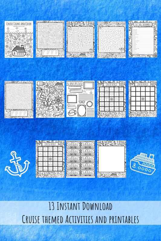 13 printable cruise themed worksheets and coloring sheets on a blue background. Printable cruise activities for kids to keep them entertained.