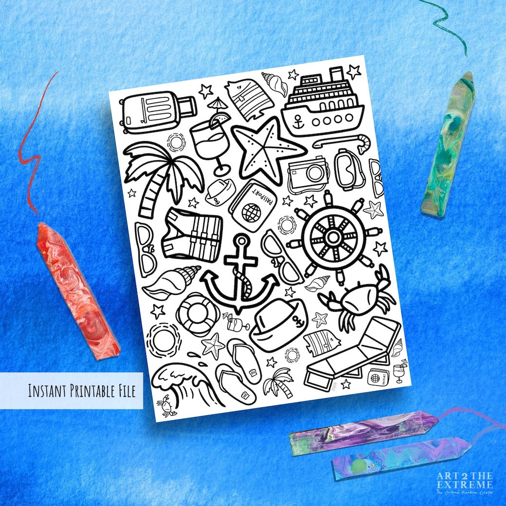 Cruise themed coloring sheet for kids. Digital coloring sheet printable file that is cruise themed on a blue background.