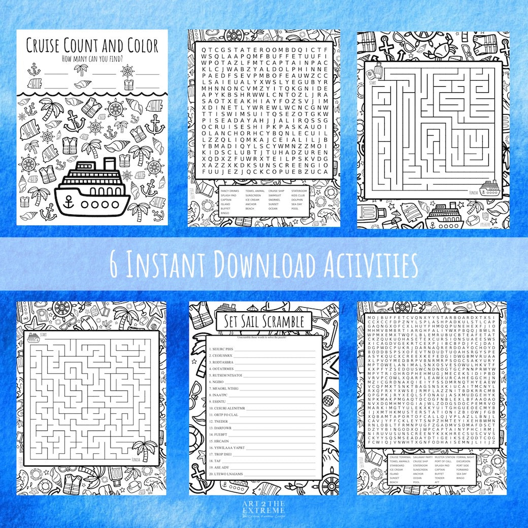 Image of 6 digital cruise games and printable activity sheets for kids on a blue background. Instant printable coloring sheets for kids.