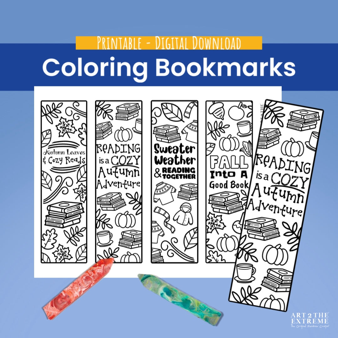 A coloring page of four fall printable bookmarks with autumn-themed designs and text await your creativity. Coloring crayons are placed at the bottom of the image, inviting you to personalize these delightful coloring bookmarks with vibrant hues