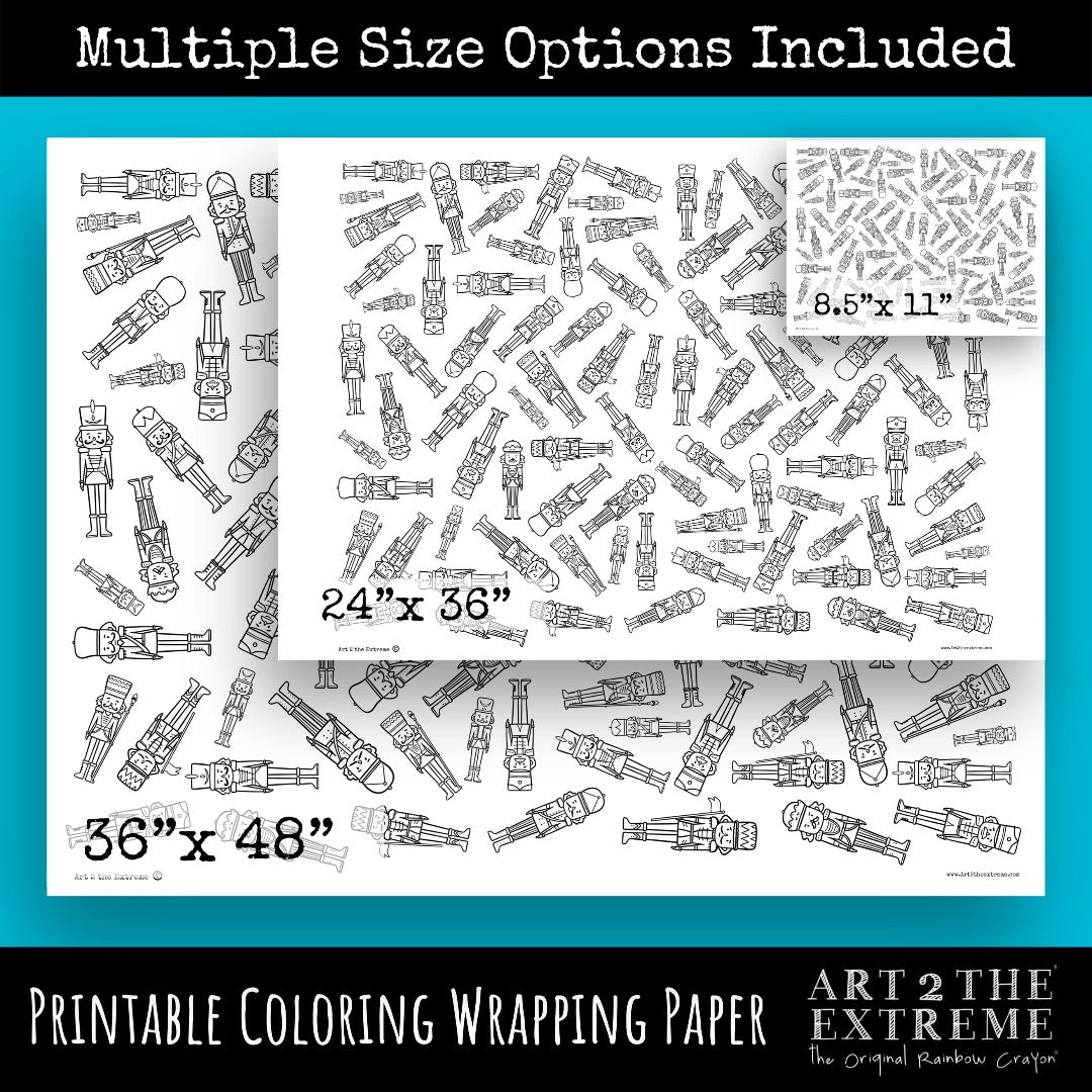 Nutcracker giant coloring posters come as one PDF that is ready to print at home. This image shows the nutcracker pattern as a 36"x48" poster, a 24"x36" poster, and as an 8.5" x 11" coloring sheet Nutcracker themed.
