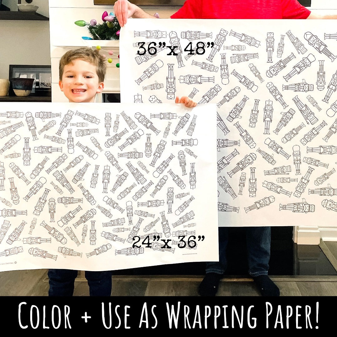 Black and white nutcracker coloring poster as a digital download to print at home. Image is of a small boy and an adult male holding two sizes of the Nutcracker coloring poster, a 24"x36" coloring sheet and a 36"x48" coloring sheet.
