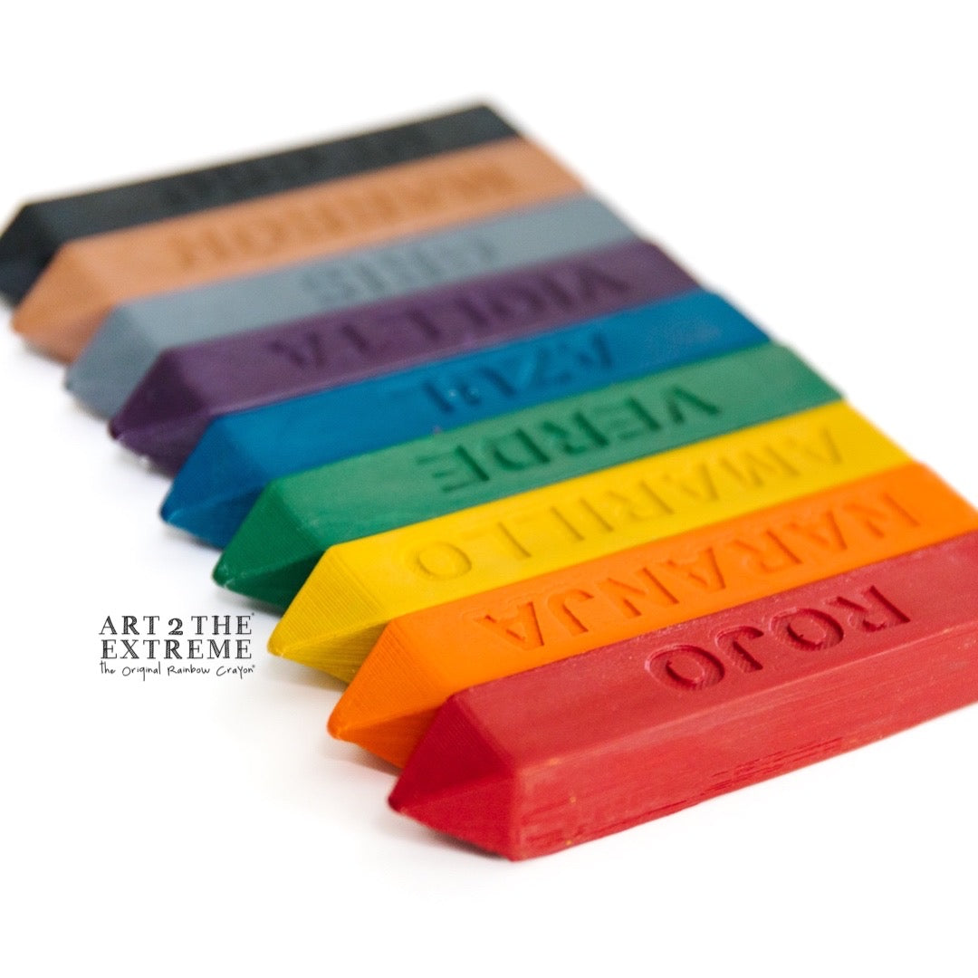 Learn the colors in Spanish! This Original Rainbow Crayon® gift for kids is perfect for the classroom. Each of the 9 oversized, solid-colored crayons has the color name in Spanish.