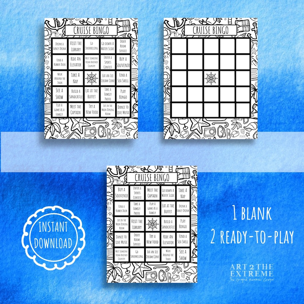 Digital image of three cruise bingo board printable files on a blue background. A blank cruise bingo board is included.