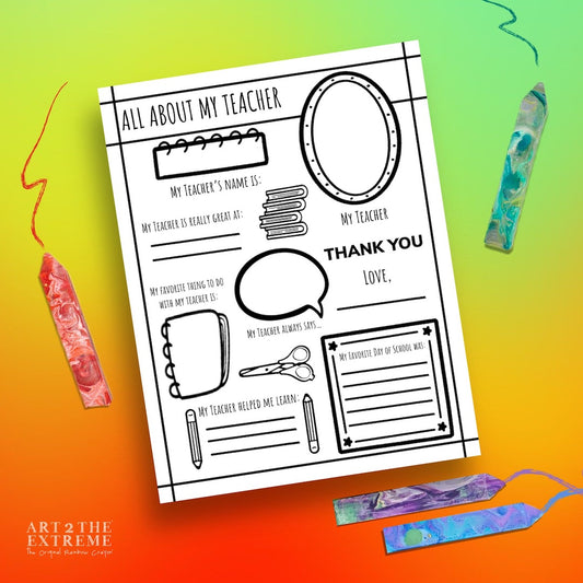 Digital mock up of an 8.5x11" black and white printable teacher poster titled "All About My Teacher" where students can fill out questions about their favorite parts of the year and their teacher. Image i on a green and orange background with rainbow crayons around the document as photo props.