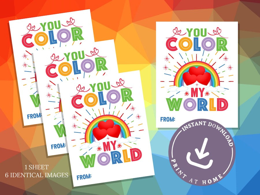 "You Color My World" - Kids Printable Valentine Card