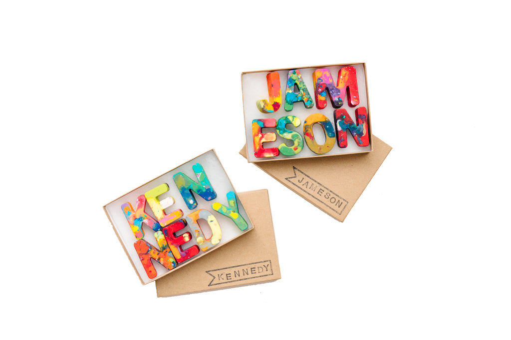 Personalized crayon names featuring Multi-colored crayons in ABC shapes. Crayon shop, Art 2 the Extreme, creates custom crayons in any name! Each crayon letter is easy to hold and features an array of bright colors, which blend together in endless combinations as you create your masterpiece, perfect for the child who has everything.