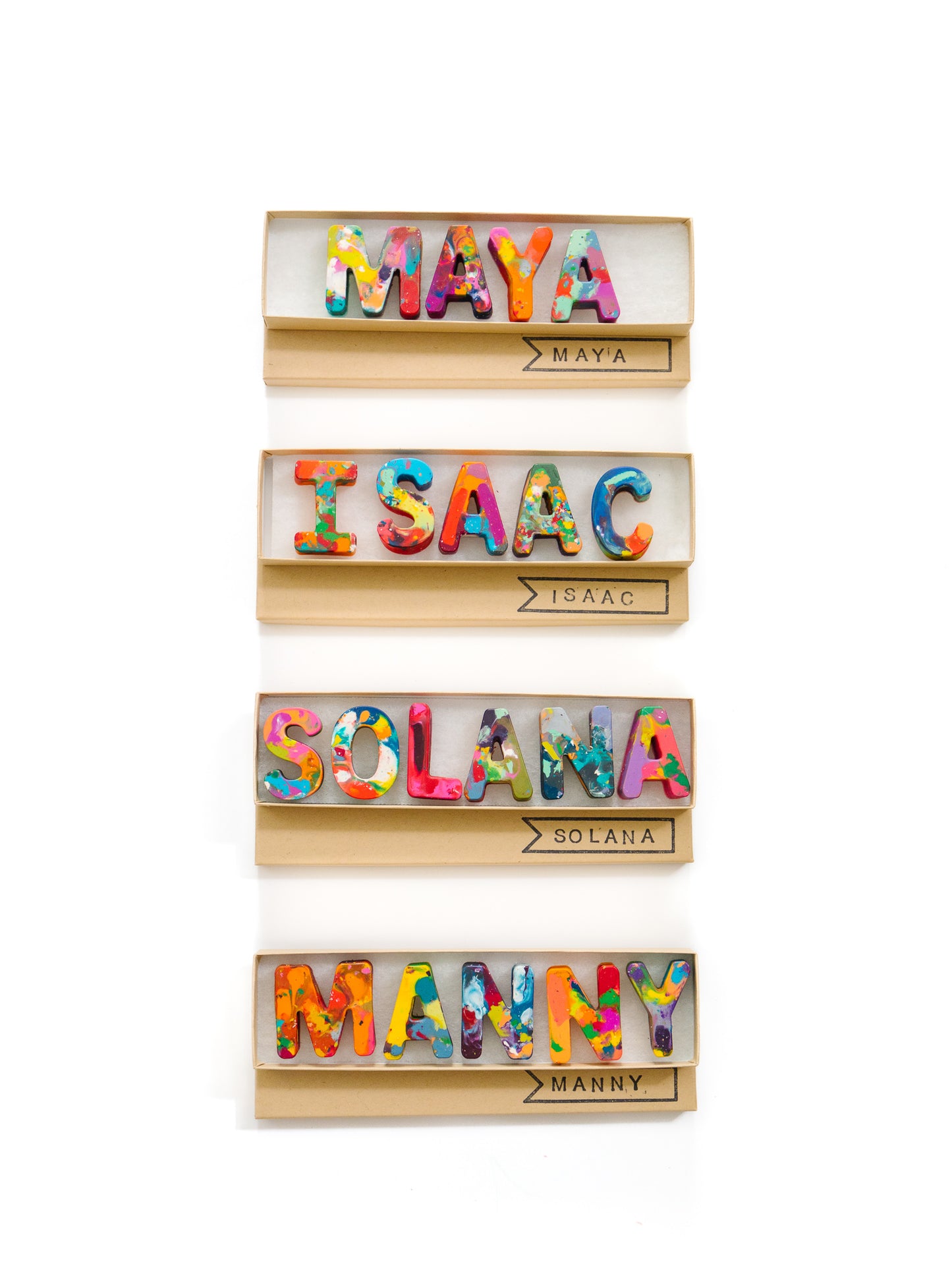 Personalized crayon names featuring Multi-colored crayons in ABC shapes. Crayon shop, Art 2 the Extreme, creates custom crayons in any name! Each crayon letter is easy to hold and features an array of bright colors, which blend together in endless combinations as you create your masterpiece, perfect for the child who has everything.