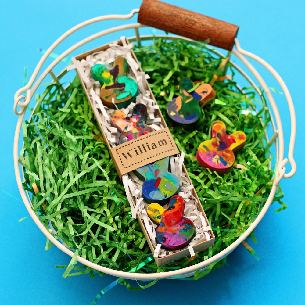 Rainbow Crayon Bunny Gift Sets In an Easter Basket - multicolored crayons, perfect for Easter Basket stuffers and a unique gift idea for Easter crafts for kids or learning activities for kids. Perfect size as an Easter egg filler idea for your next art activity for kids or learning activity for kids.