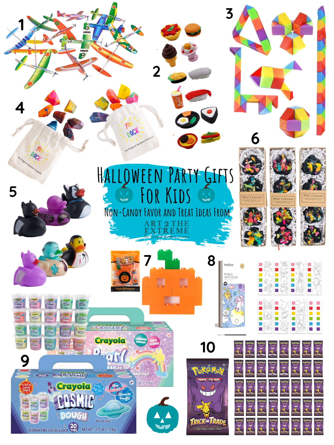 Ten bulk Halloween party favors and trick or treat allergy-friendly gifts on a white background. 