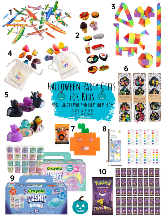 Ten bulk Halloween party favors and trick or treat allergy-friendly gifts on a white background. 