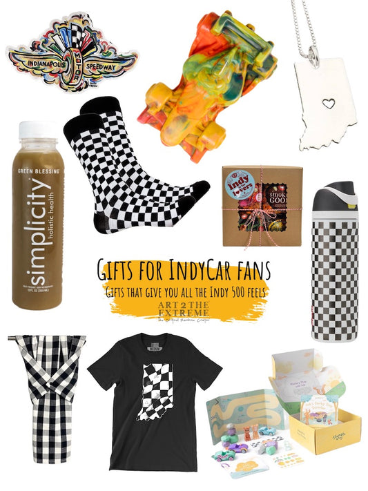 10 Indiana Gift Ideas for Indianapolis 500 Race Lovers, Image of 10 race themed  gifts including checkered socks, a car crayon, an Indy 500 t-shirt, and a checkered water bottle