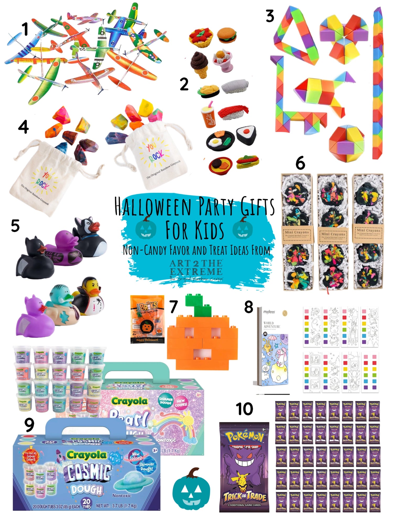 10 Halloween candy-free gifts on a white background for those looking for Halloween Party Gifts for kids. Halloween gift ideas include foam planes, crayon rocks, sushi erasers, halloween themed ducks, and more. This is a shopable gift guide when you click on the link.