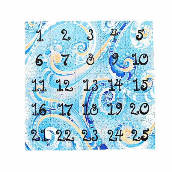 Crayon Advent calendar for kids is shown on a white background. This calendar is a paper crayon calendar with punch out, paper doors. This advent calendar is created with  swirls of blue, teal, and light yellow with back numbering. There are 25 punch out boxes for each rainbow crayon. 