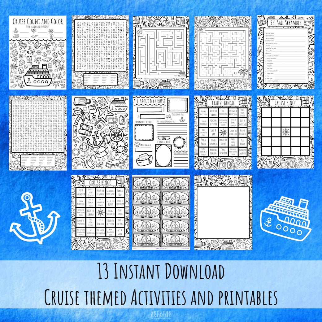 Cruise activities for kids printable bundle. 13 cruise coloring pages and word games for kids. 