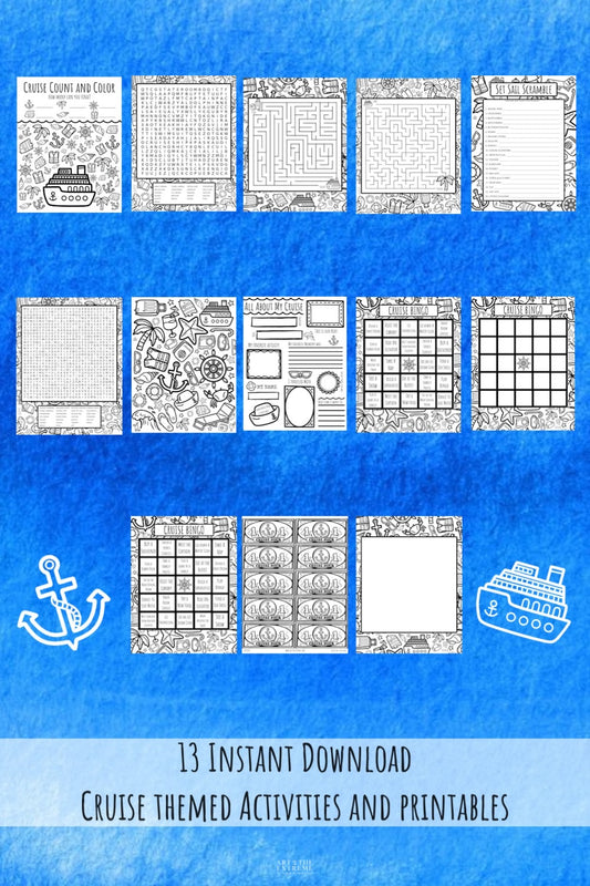 13 printable cruise themed worksheets and coloring sheets on a blue background. Printable cruise activities for kids to keep them entertained. 