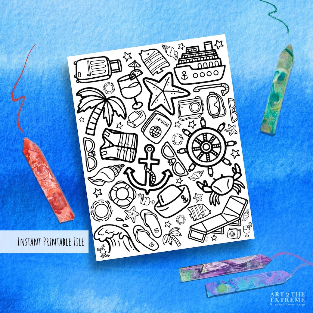 Cruise themed coloring sheet for kids. Digital coloring sheet printable file that is cruise themed on a blue background. 