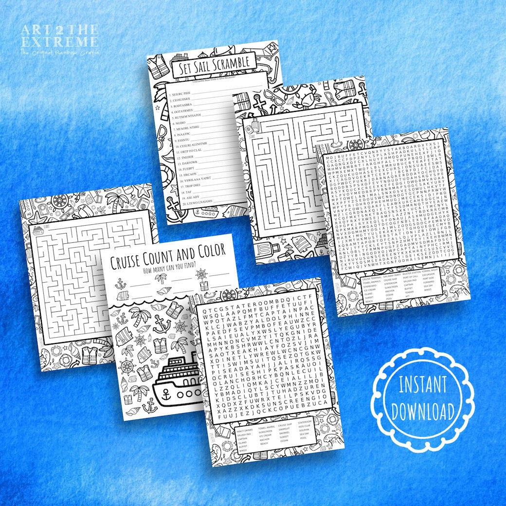 Digital image of 6 word puzzles and cruise activities for toddlers and kids that can be printed. The digital mock ups of cruise word searches and puzzles are displayed on a blue background. 