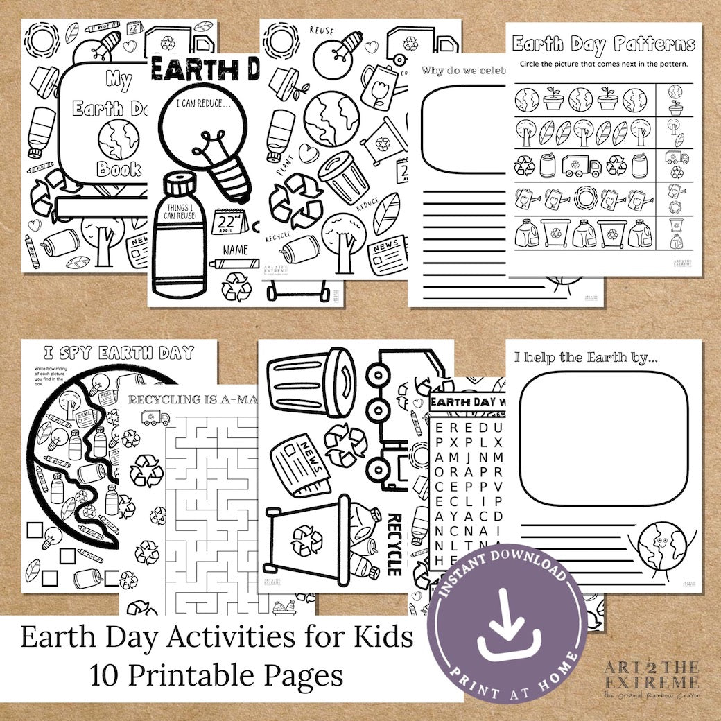 Image of 10 black and white digital download mock ups of Earth Day coloring pages and activities that are printable. Image graphics are in black and white with a brown background. Text says Earth Day Activities for Kids, 10 printable pages from Art 2 the Extreme.