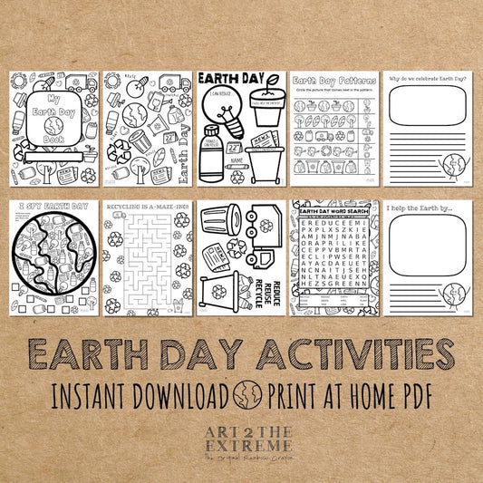 Earth Day printable Activity bundle of 10 digital document mock ups in black and white on a brown background. Earth Day printables include coloring pages, mazes, writing prompts, and puzzles. Text says Earth Day Activities, Instant download print at home PDF from Art 2 the Extreme.