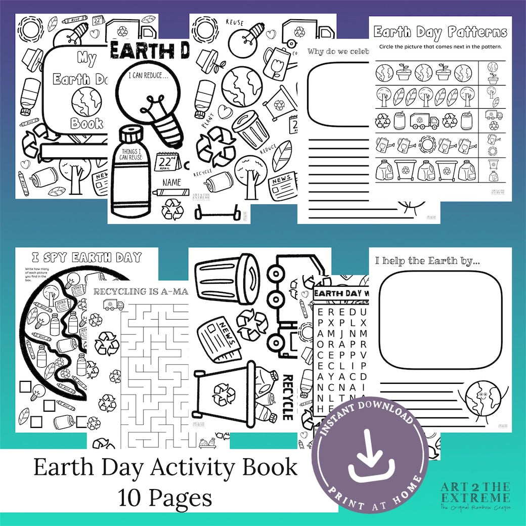 10 staggered black and white printable image mock up graphics of the Earth Day activity bundle and Earth Day coloring pages from Art 2 the Extreme. Text reads "Earth Day Activity Book, 10 pages." Instant download by crayon shop Art 2 the Extreme.
