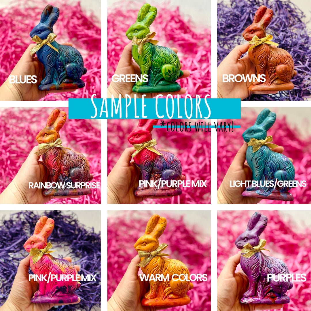 Nine colorful rainbow crayon Easter Bunny gifts for kids.Text that says sample colors along with samples of what each bunny crayon color combination could be. Non chocolate Easter bunny crayons for kids.