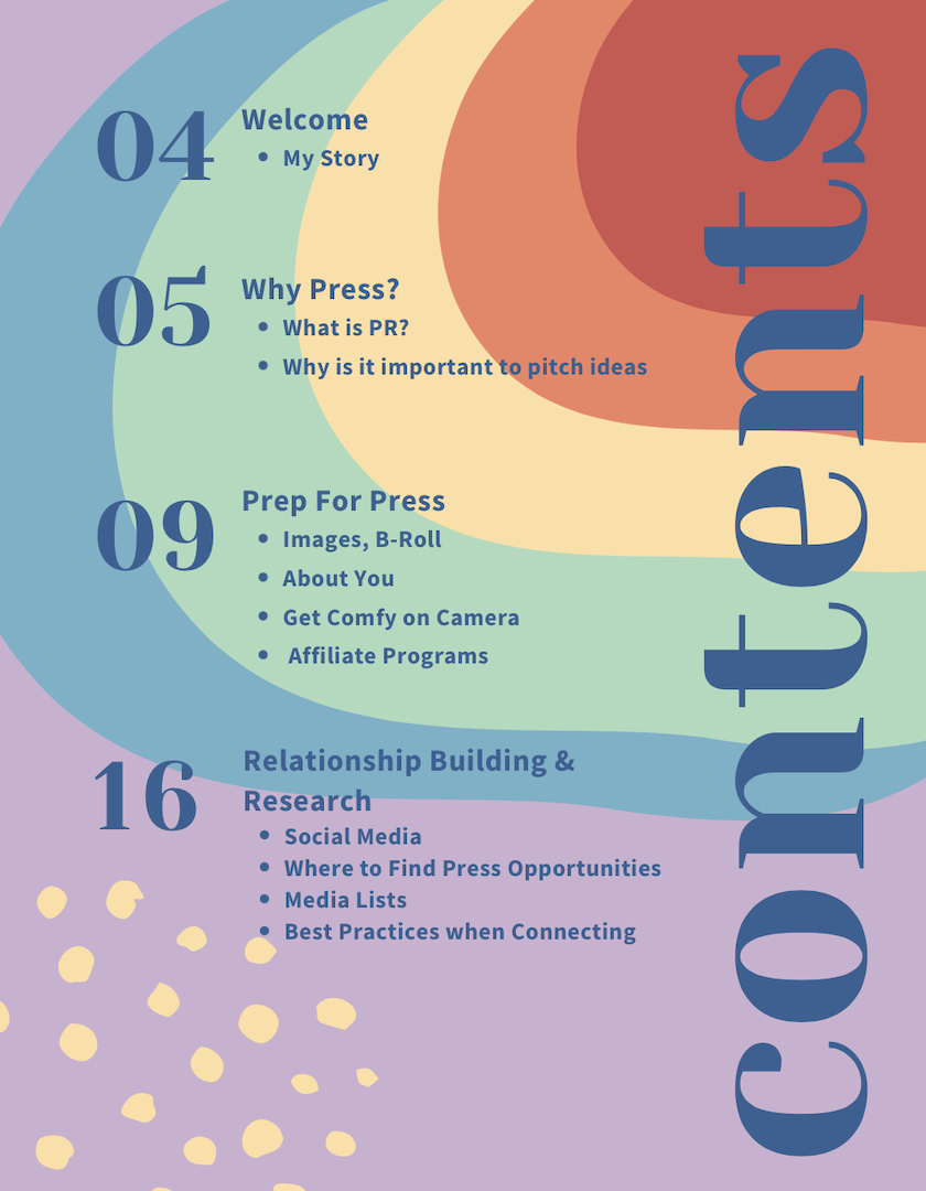 Table of contents for eBook. Welcome, my story, why press, how to prep for press, relationship building and research.