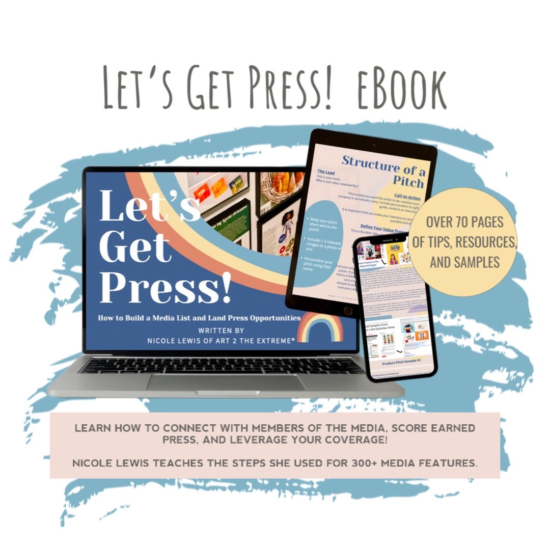 Let's Get Press eBook cover image shown on a laptop. A page titled Structure of a pitch is shown on an iPad mock up, a page showing how to write a pitch is shown on an iPhone mock up. 78 pages of tips, resources. and samples to help small businesses write a pitch graphic.