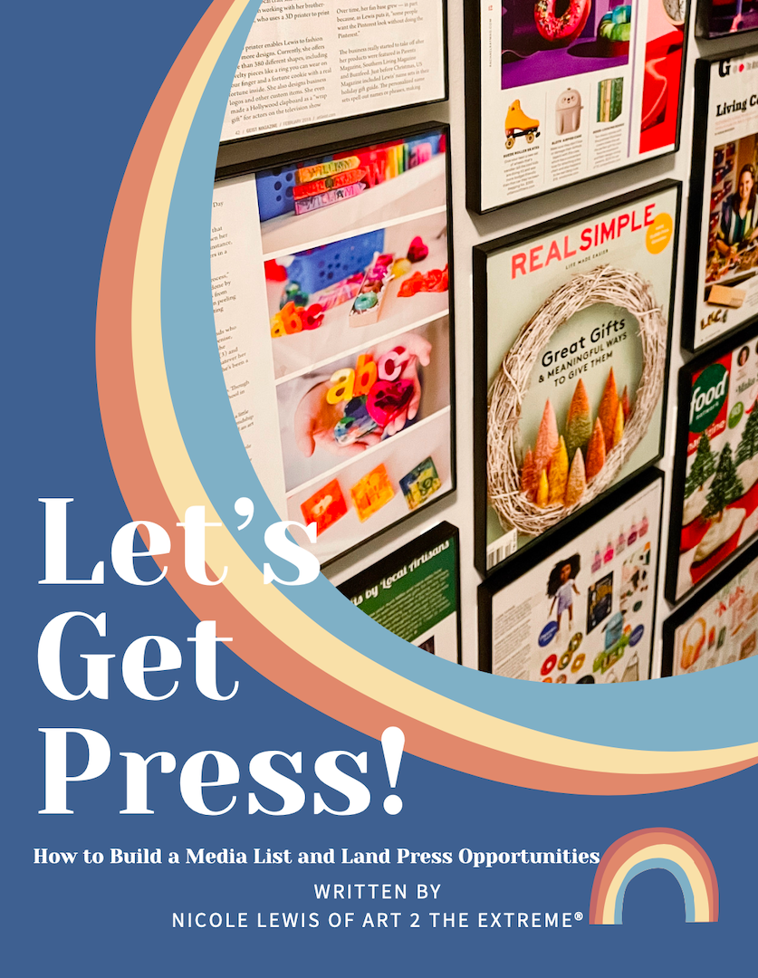 eBook cover image in blue that says Let's Get Press: How to build a media list and land press opportunities. Image shows a press wall with multiple magazine covers.