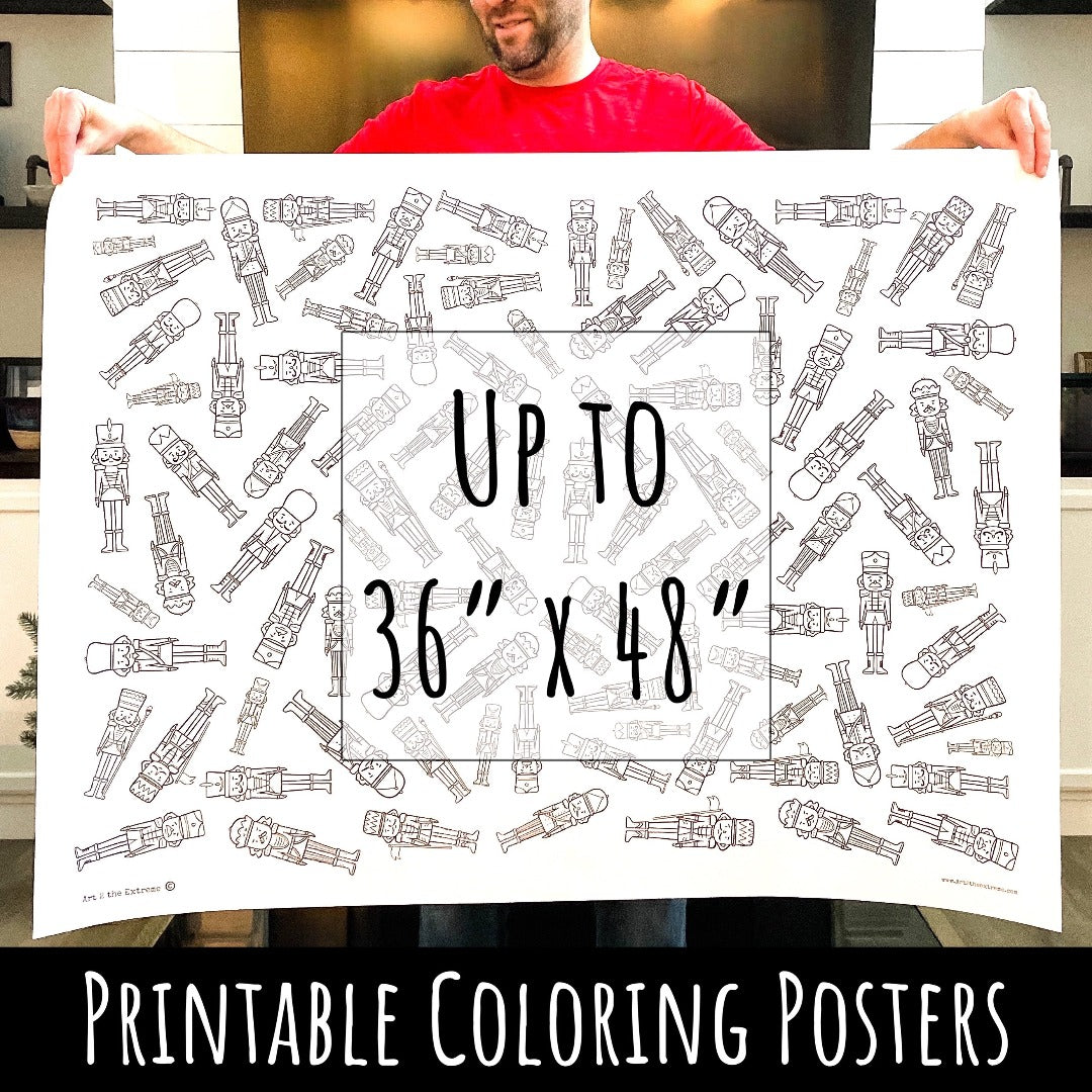 An adult male wearing a red shirt holds a coloring poster that is Nutcracker themed. This is a digital download to print at home as coloring wrapping paper or a coloring poster. This specific size shown is a 36" x 48" coloring poster that has Nutcrackers all over it. 