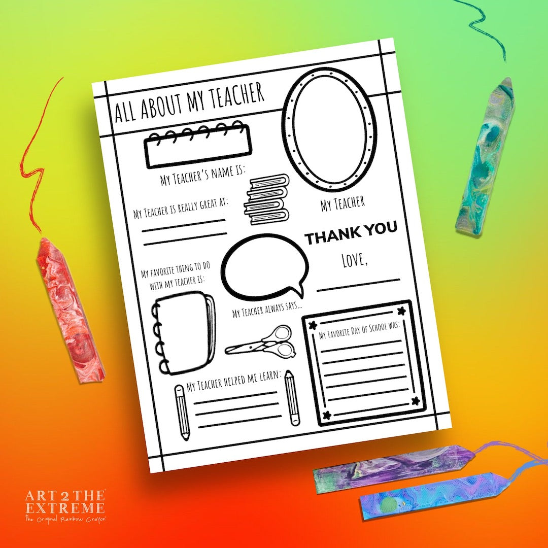 Digital mock up of an 8.5x11" black and white printable teacher poster titled "All About My Teacher" where students can fill out questions about their favorite parts of the year and their teacher. Image i on a green and orange background with rainbow crayons around the document as photo props. 