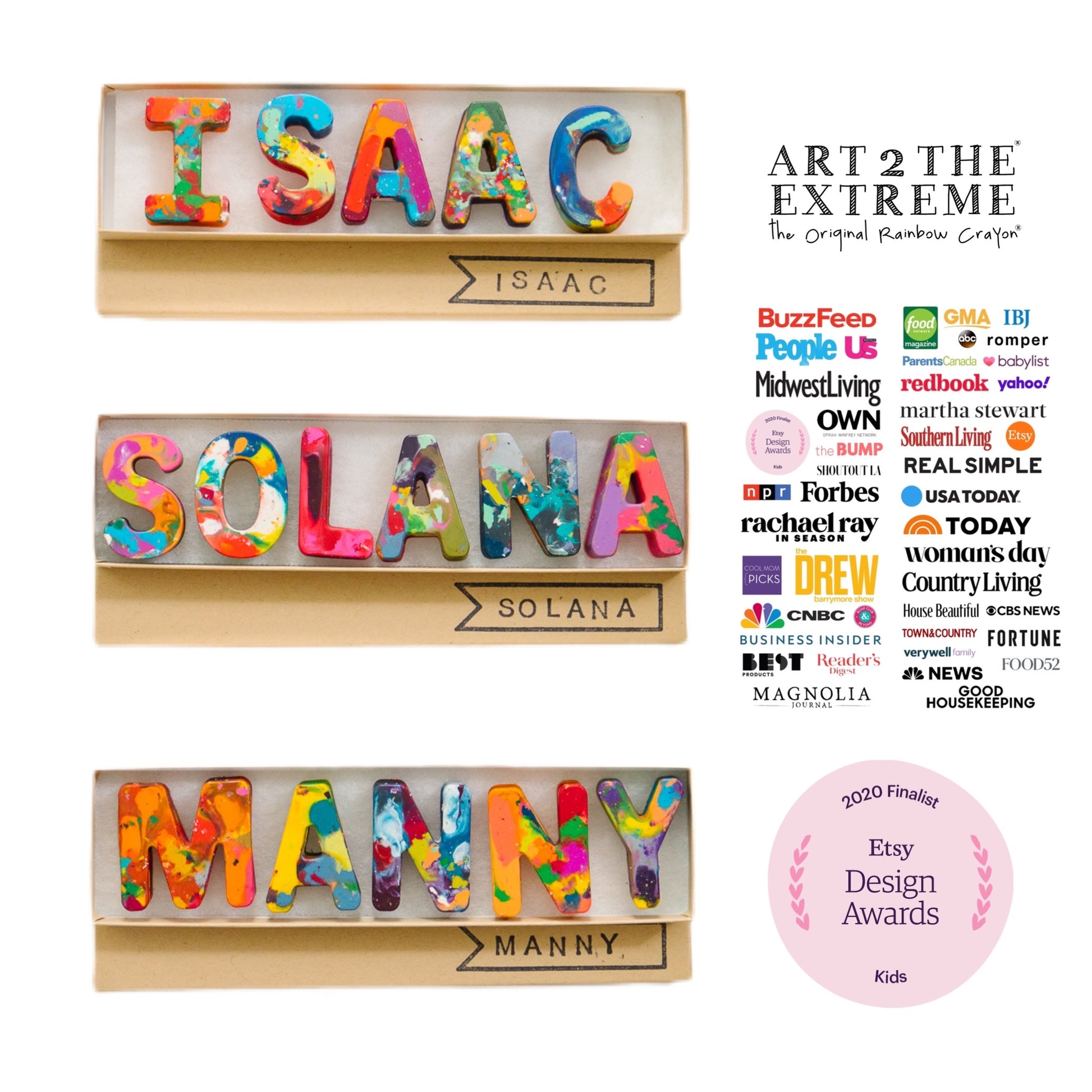 Personalized crayon names featuring Multi-colored crayons in ABC shapes. Crayon shop, Art 2 the Extreme, creates custom crayons in any name! Each crayon letter is easy to hold and features an array of bright colors, which blend together in endless combinations as you create your masterpiece, perfect for the child who has everything.